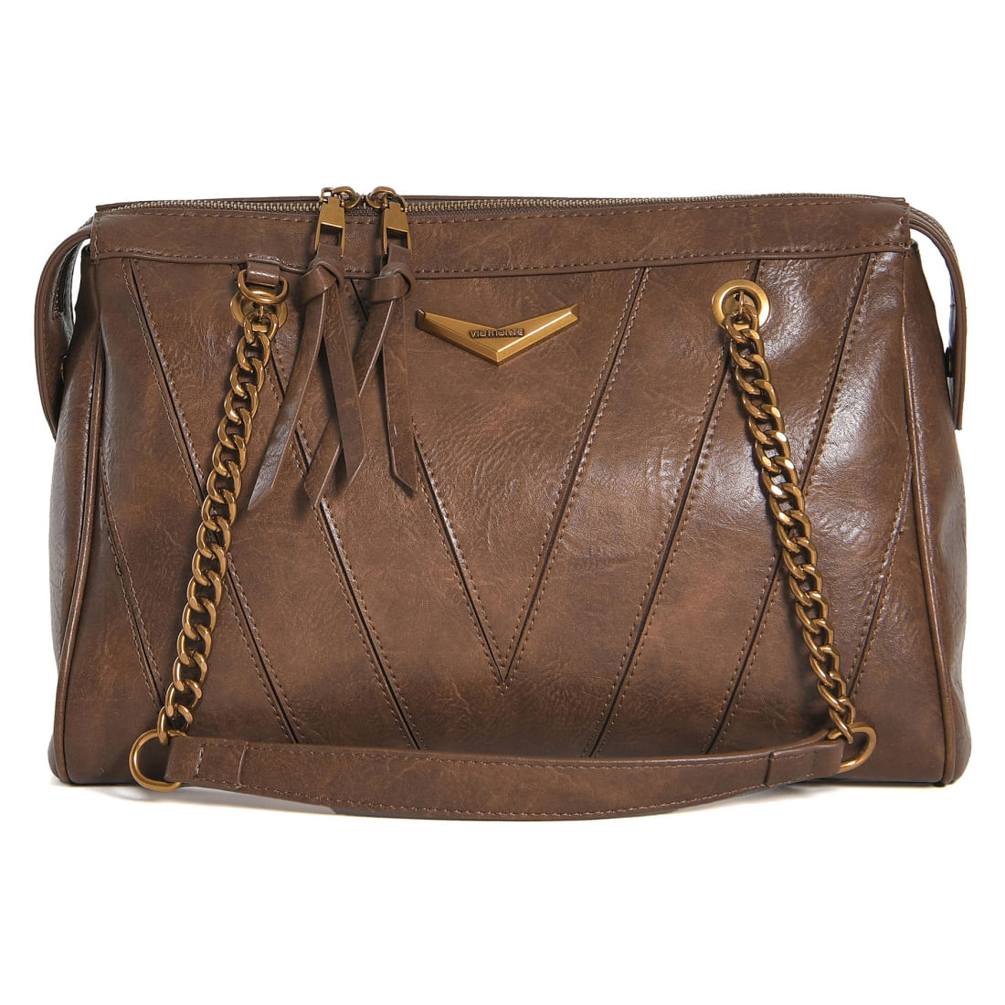 Bolsa Via Marte Shoulder Bag Feminina Marrom vista frontal com detalhes em corrente dourada